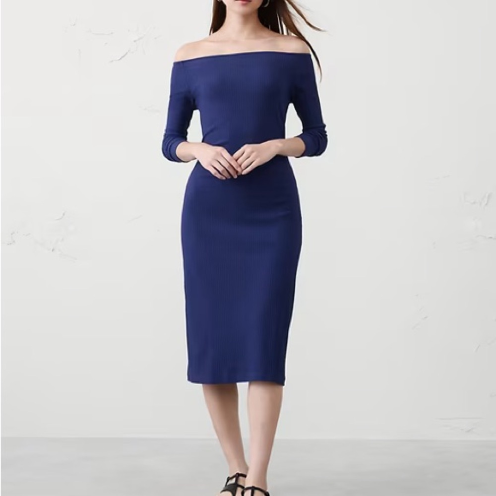 Banana Republic NWT OFF-THE SHOULDER RIBBED MIDI DRESS Blue Women Size Large